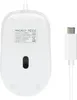 The underside of a white computer mouse with a USB-C cable attached, showing regulatory information and model details. Produktbild-Vorschau