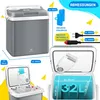 A collage of images showing a portable cooler box and its accessories, along with its dimensions and capacity. Produktbild-Vorschau