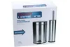 The image shows the packaging of a bathroom set, featuring a trash can and a toilet brush holder, both made of stainless steel. Produktbild-Vorschau