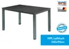 A table with a dark stone top and gray legs, presented on a white background with marketing labels. Produktbild-Vorschau
