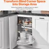 A corner cabinet with a pull-out organizer filled with kitchenware. Voir les images du produit