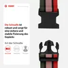 A close-up view of a luggage strap buckle and its features, with accompanying German text describing its robustness and types. Náhled obrázku produktu