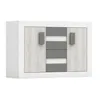 A white and gray sideboard with wood-tone accents. Voir les images du produit