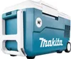 A teal and white Makita cooler box with wheels, shown from a side angle against a white background. Produktbild-Vorschau