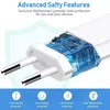 Close-up of a white USB charger adapter with internal circuitry visible, against a light blue background with protective shield graphics. Below the charger are icons and text describing safety features. Produktbild-Vorschau