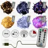 A collage of different colored LED light strings with remotes, and icons indicating product features. Produktbild-Vorschau