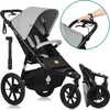 A three-wheeled jogging stroller is shown from a front-side angle, with a close-up inset of a hand on the handlebar and a smaller inset showing the stroller folded. Produktbild-Vorschau