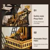 A collage of two close-up images of a wooden model ship, highlighting specific features with accompanying text descriptions. Náhled obrázku produktu