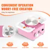 A pink mini pottery wheel with white attachments and text overlays highlighting its features. Produktbild-Vorschau