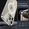 A clear phone case is shown on a dark, cracked surface, with a graphic overlay highlighting its protective features. Voir les images du produit