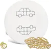 A white circular pasta cutter with car shapes impressed onto it, with some car-shaped pasta pieces scattered at the bottom right. Náhled obrázku produktu