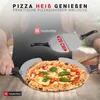 A person is holding a pizza peel with a pizza on it, and another pizza peel is shown above. Produktbild-Vorschau