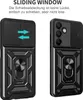 Two views of a black phone case with a sliding camera cover and a ring holder. Produktbild-Vorschau