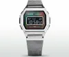 A close-up studio shot of a silver Casio digital watch with a mesh band. Voir les images du produit