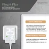 A close-up of a white plug-in thermostat with a digital display showing temperature, next to a tablet displaying marketing text. Produktbild-Vorschau