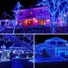 A collage of three images showing houses decorated with blue string lights at night. Produktbild-Vorschau
