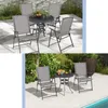 Two images of a patio furniture set, one on a paved patio with a stone wall in the background, and another on a patio near a swimming pool with lush greenery. Produktbild-Vorschau