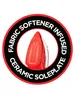 A close-up marketing image of the soleplate of a red iron, with text overlay describing its features. Produktbild-Vorschau