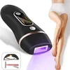 A black IPL hair removal device is shown emitting a purple light, with a woman's legs in the background. An inset shows grooming accessories. Produktbild-Vorschau