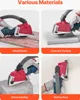 A collage of four images showing a grinder attachment being used on different materials: wood board, concrete surface, stone, and a wall. Voir les images du produit