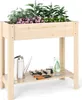A wooden raised garden bed with plants and gardening tools on a shelf below. Podgląd zdjęcia produktu