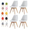A collection of chairs in various colors, with four white chairs prominently displayed in the foreground.