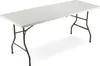 A white folding table with gray metal legs, photographed on a white background. Produktbild-Vorschau