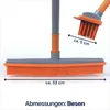 A broom and a close-up of its brush head are shown against a white background, with dimensions indicated by text and arrows. Produktbild-Vorschau
