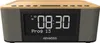 A digital alarm clock with a wood-look top and gray fabric speaker grilles. Produktbild-Vorschau