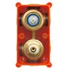 A close-up view of a shower valve body, installed in an orange plastic mounting box. Produktbild-Vorschau