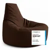 A brown beanbag chair with a white overlay showing a product review. Produktbild-Vorschau