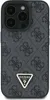 A close-up shot of a black Guess phone case with a repeating logo pattern and a triangular Guess logo emblem. Podgląd zdjęcia produktu