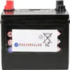 A black car battery with red and black terminals, and a label with various symbols and text. Náhled obrázku produktu