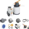 A collection of pool pump and filter components, including the main pump and filter unit, and various accessory parts. Produktbild-Vorschau