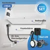 A diagram showing the components of a bathtub set, including the tub, front panel, drain assembly, and LED lights. Produktbild-Vorschau