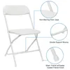 A white folding chair with callouts highlighting its features. Anteprima dell’immagine prodotto