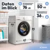 A white washing machine is shown in a laundry room setting, with various specifications displayed as text overlays. Produktbild-Vorschau