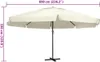 A large, cream-colored patio umbrella with a black pole and base, shown against a white background. Dimensions are indicated by measurement lines and text. Voir les images du produit