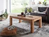 A living room scene with a wooden coffee table in the foreground, a sofa and a large window in the background. Produktbild-Vorschau