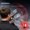 A person is holding a walkie-talkie, with graphics indicating an emergency alarm and a fallen person in the background. Produktbild-Vorschau