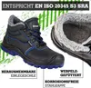 A pair of black and blue winter safety boots with blue stitching and a blue sole. The boots are shown from the side and a close-up of the interior lining is also visible. Text overlays describe features. Produktbild-Vorschau