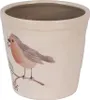 A close-up studio shot of a ceramic pot with a painted bird design. Produktbild-Vorschau