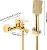 A gold-colored bathtub faucet and showerhead set with measurement indicators. Podgląd zdjęcia produktu