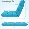 Two views of a turquoise floor chair with dimensions labeled. Náhled obrázku produktu