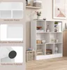 A white bookshelf with various items on its shelves, shown in a room setting with a framed picture on the wall and a woven basket on the floor. Insets highlight product features. Náhľad obrázku produktu