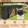 A person stands next to a covered wood storage unit filled with firewood. The image highlights product features and benefits. Náhľad obrázku produktu