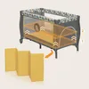 A baby crib with a foldable mattress shown next to it, with diagrams indicating adjustable levels. Podgląd zdjęcia produktu