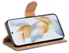 A smartphone in a brown flip case, displayed at an angle. Produktbild-Vorschau