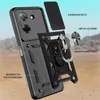 An exploded view of a black phone case with labels pointing out its features. Produktbild-Vorschau