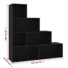A black, multi-tiered bookshelf against a white background with dimensions indicated. Náhled obrázku produktu